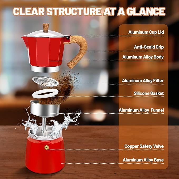 3 Cup Aluminum Espresso Stovetop Moka Pot Express Coffee Maker Percolator Italian Classic Mocha Coffee Machine for Italian and Cuban Cafe Brewing for Home & Camping 150ml 5oz