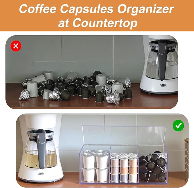 Acrylic Coffee Pod Holder with Lid for 24 Kcup, 3 Compartments Clear Coffee Capsule Storage Organizer for Bar Station Organizer
