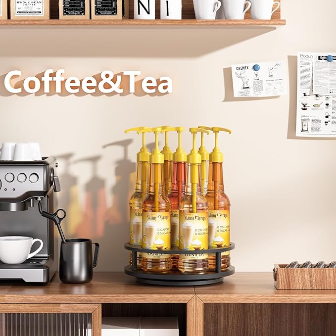 THYGIFTREE Rotating Coffee Syrup Organizer 7 Bottles Syrup Rack for Countertop Wood Syrup Bottle Holder Stand for Coffee Bar Station, Turntable Wine Display Tray, Black