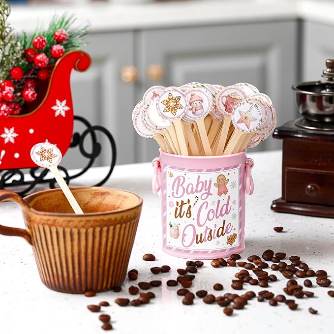 121 Pcs Christmas Wooden Coffee Stirrers with Holder and Wood Cocktail Coffee Stir Sticks Baby It's Cold Outside Disposable Drink Stirrers for Stirring Hot Restaurant Home Office(Pink)