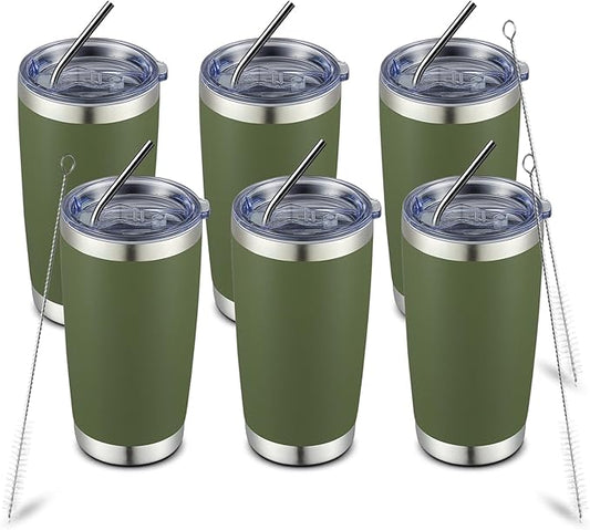 COMOOO 20oz Double Wall Vacuum Insulated Travel Mug, Stainless Steel Tumbler with Lid and Straw Durable Powder Coated Insulated Coffee Cup for Cold & Hot Drinks（Army Green, 6 Pack）