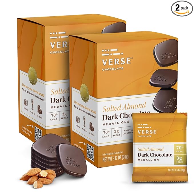 Verse 70% Dark Chocolate with Almonds - Only 3g Cane Sugar - Crunchy Salted Almond - Individually Wrapped Dark Cocoa Bar Chocolates (9 Count, 2 Pack)