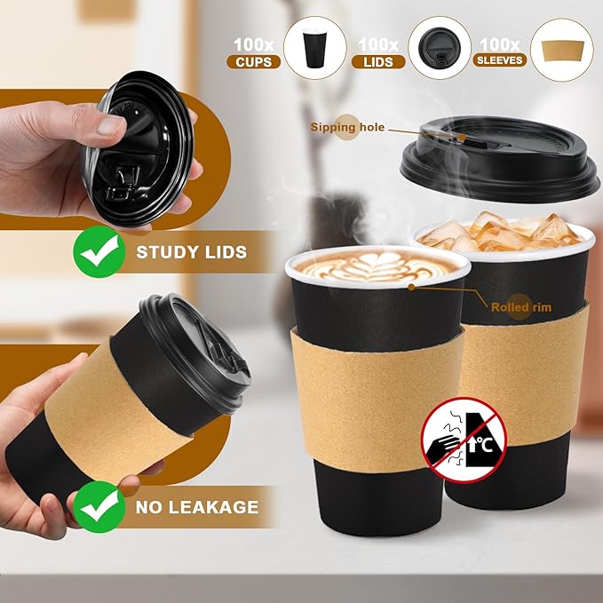 Lamosi 100 Pack 16 oz Disposable Coffee Cups with Lids and Sleeves, Black Leak-Proof To Go Coffee Cups with Lids, Hot/Cold Beverage Black Drinking Cup for Home, Office, Parties, Travel