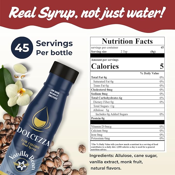 Dolcezza Vanilla Allulose Syrup, All Natural Low Sugar Sweetener for Coffee, Mixed Drinks and Baking. Keto Friendly, Monkfruit Blend, No Artificial Sweeteners, No Stevia Aftertaste. – 12 oz (12 fl oz, Vanilla)