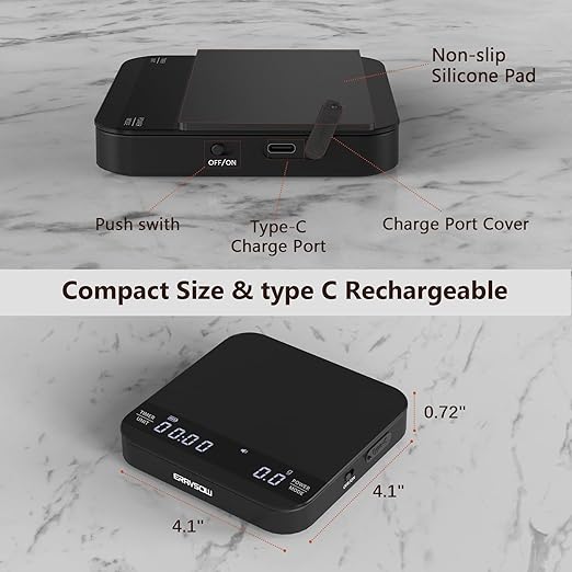 Coffee Scale with Timer, Rechargeable Mini Espresso Scale, 2kg/0.1g Accurate Scale for Espresso and Pour-Over Coffee, Portable Food Scale Digital with Automatic Timing