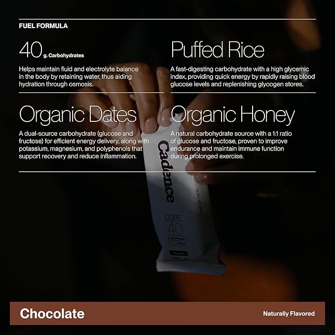 Cadence Chocolate Energy Bar - Case (50g x 12) | 40g Carb Blend with Organic Dates & Honey | Electrolytes for Hydration & Recovery | Natural Ingredients | Vegan-Friendly Fuel for Endurance Sports