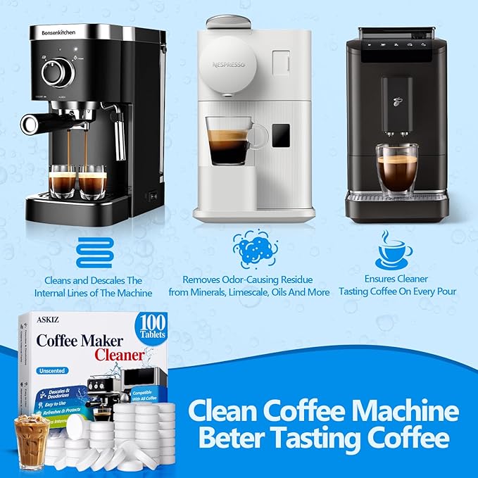 100 Pack Coffee Machine Cleaner Descaler Tablets,Coffee Maker Cleaner for Keurig, Ninja, Breville, Delonghi, Nespresso, Miele,Espresso Machine Cleaning Tabs,Descaling Solution for Coffee Pot Maker