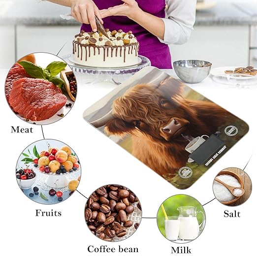 Digital Food Scale Coffee Highland Cow Grass – Fashion Design, 11lb/0.01oz, Tempered Glass, Kitchen Scales with LCD Display for Baking & Cooking, Batteries Not Included