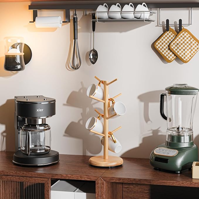 BAMBANG Mug Holder Tree, 360° Rotating 8 Hooks Coffee Cup Holder for Counter Top, Bamboo Coffee Mug Rack Stand for Kitchen Countertop Home, Natural