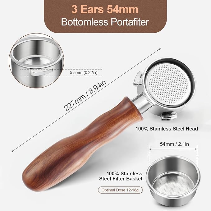 54mm Bottomless Portafilter with Puck Screen, 3 Ears Stainless Steel Head, Compatible with Breville Barista Pro, Barista Express Impress, Bambino Plus, Infuser, Barista Touch, Duo-Temp Pro, Bambino