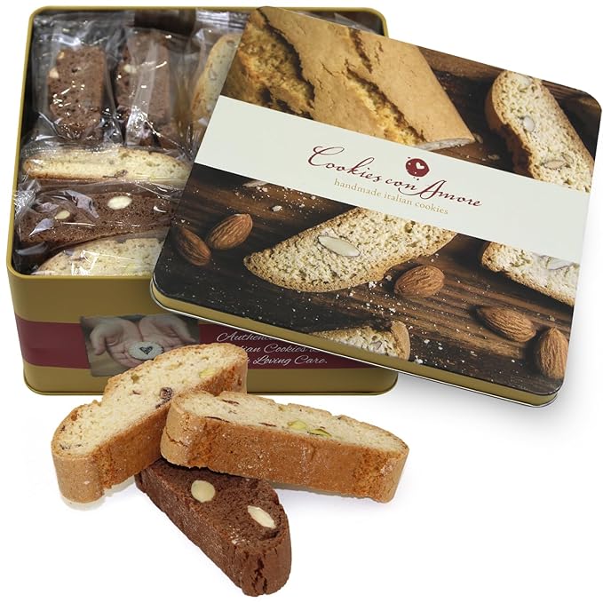 Italian Biscotti Cookie Gift Box, 30+ Pieces Individually Wrapped Gourmet Biscotti - 2Lb Square Tin with Authentic Italian Cookies for Holliday Gifting, Coffee Pairing, and Christmas Celebrations