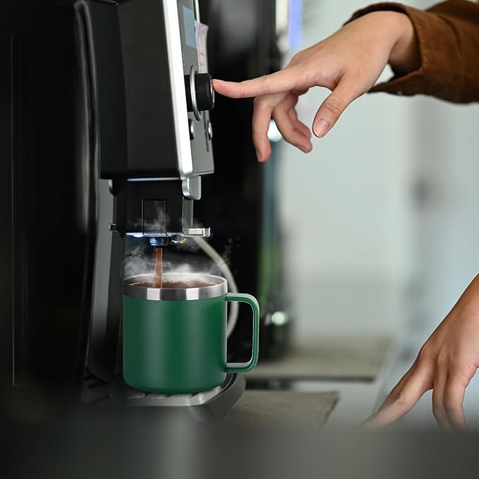 VEGOND 14 oz Insulated Coffee Mug Bulk with Handle, Stainless Steel Travel Coffee Mug with Lid, Double Wall Vacuum Metal Coffee Cup, Coffee Tumbler Powder Coated, Dark Green 8 Pack