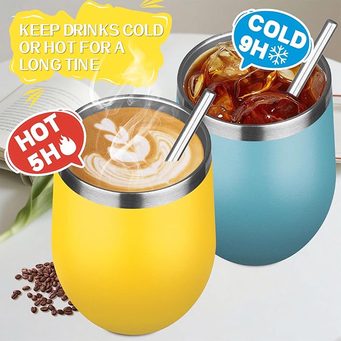 12oz/4 Pack Stainless Steel Wine Tumbler with Lid and Straw, Double Wall Vacuum Insulated Wine Tumbler Glasses, Stemless Travel Mugs for Hot and Cold Drinks, Coffee, Wine, Cocktails