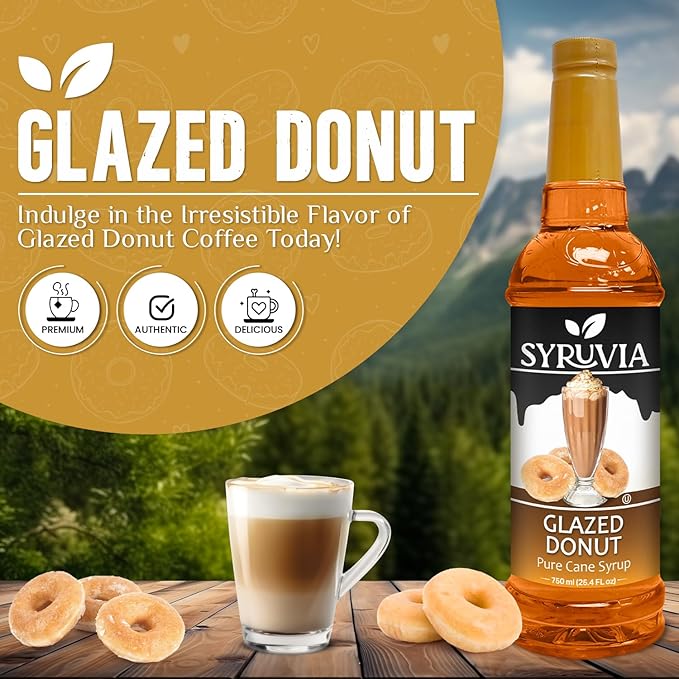 Syruvia Coffee Syrup, Glazed Donut Flavored Syrup for Drinks, Lattes, and Desserts – 25.4 fl oz,
