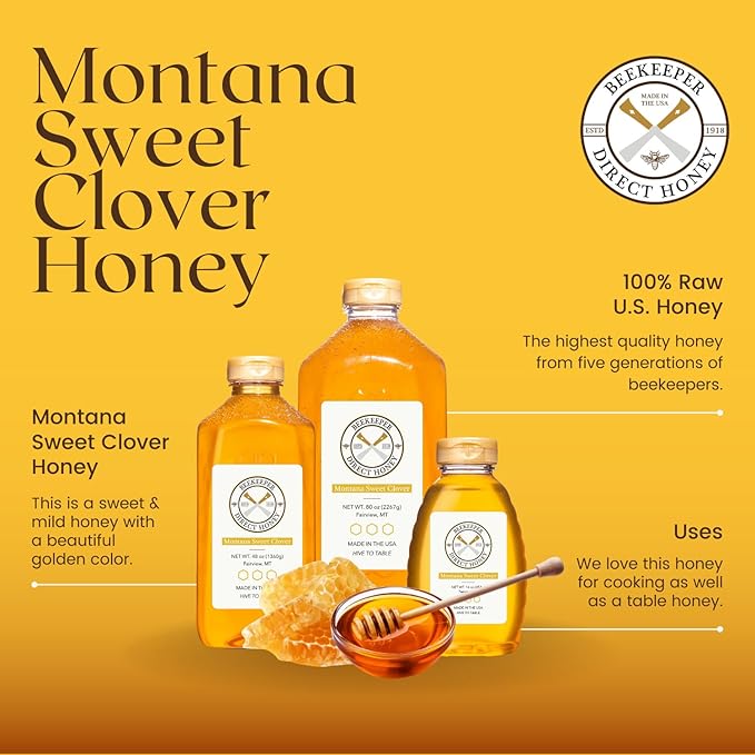 Beekeeper Direct Raw Unfiltered Honey - Real Raw Sweet Clover Honey - All Natural Non-GMO Pure Gourmet Honey - Local Montana Clover Honey (1lbs Squeeze Bottle)