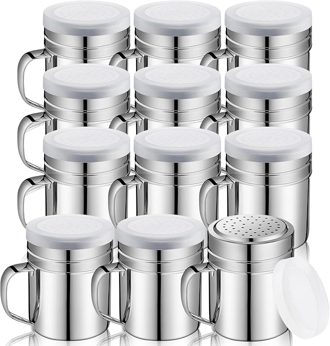 Lallisa 12 Pcs 10 oz Stainless Steel Spice Shakers with Holes and Lids Dredge Shakers with Handle Versatile Salt Shaker for Sugar Pepper Seasoning Flour Popcorn Cinnamon Powder Container Accessories