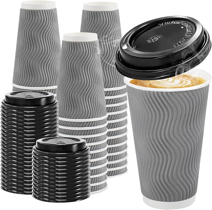 100 Pack 16 oz Disposable Coffee Cups with Lids, Insulated Ripple Wall To-Go Paper Coffee Cups Suitable for Chocolate Cocoa and Hot/Cold Drinks (Grey)