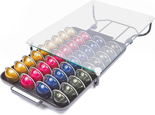 Nifty Solutions Glass Top Vertuoline Pod Capsule Drawer - Compatible with Nespresso Vetuo Pods, 40 Large or 52 Small Pod Capsule Holder