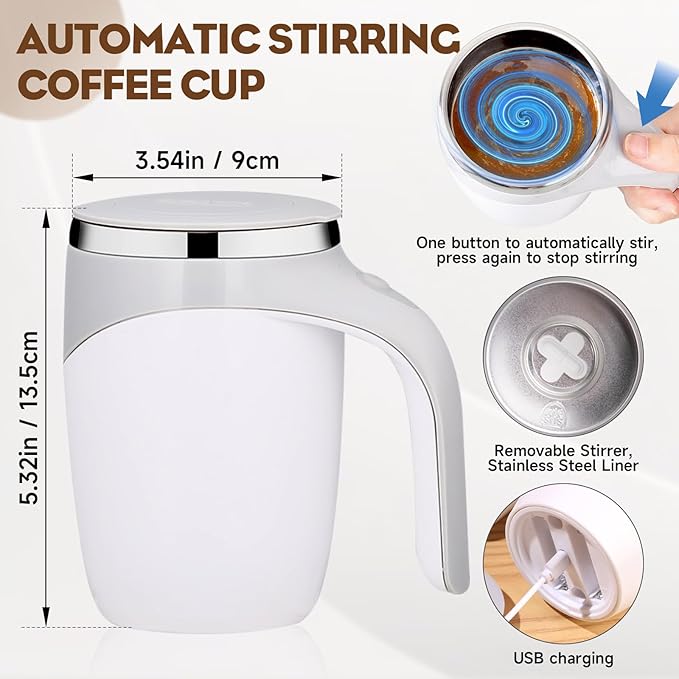 Automatic Magnetic Stirring Coffee Mug, Magnetic Stirring Cup Rotating Home Office Travel Mixing Cups,Stainless Steel Self Mixing Mug for Coffee/Milk/Tea/Hot Chocolat (White-Rechargeable)