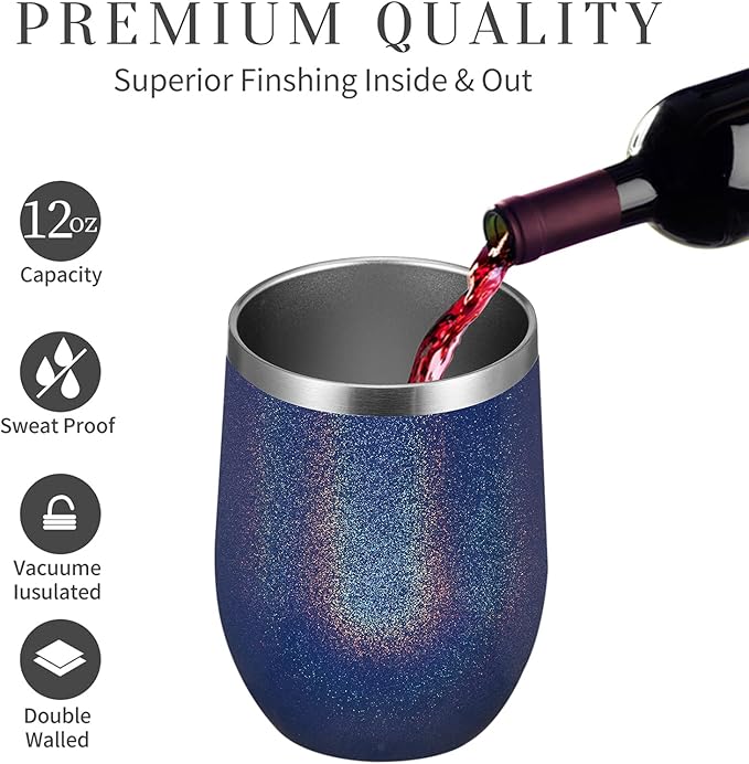 MEWAY 12oz/16 Pack Wine Tumbler Glasses with Lid - Stemless Double Wall Vacuum Stainless Steel Glitter Tumbler - Keeping Cold & Hot Cup for Coffee,for Women(Rainbow Navy,Set of 16)