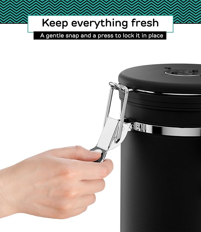 Coffee Gator Coffee Canister, 22oz Airtight Stainless Steel Kitchen Food Storage Container with Date Tracker, Valve, Scoop for Sugar, Grounds, Beans, Tea, Sugar, Cereal, Flour, Cookies Jars - Black