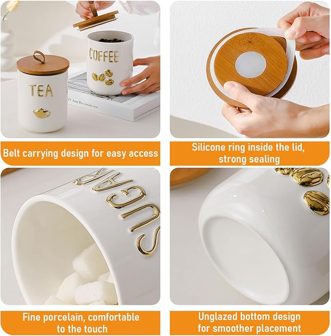 jessie 27oz Ceramics Coffee Canisters with Airtight Seal Bamboo Lid Silicone,Coffee Bean Storage for Kitchen Countertop,Food Storage Jars for Coffee Bean Ground Coffee Sugar and Tea(White)