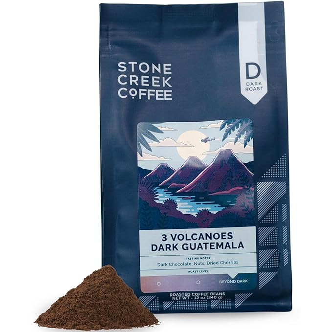 Stone Creek Coffee Dark Roast Ground Coffee – 12 Ounce (Pack of 1) – Smooth and Chocolatey Fresh Roasted Coffee Beans with Rich and Fruity Tasting Notes, 3 Volcanoes Dark Guatemala