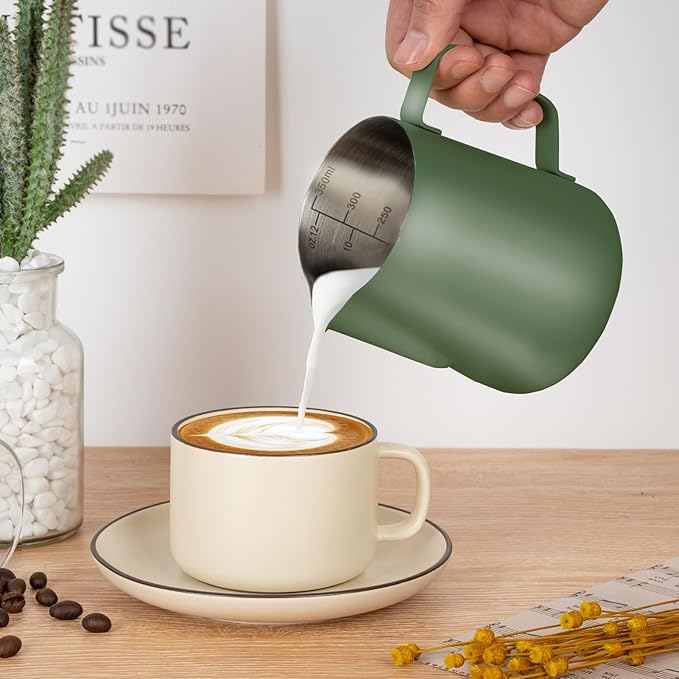 Milk Frothing Pitcher, 12 oz Milk Frother Cup with Clear Scale, 304 Stainless Steel Cappuccino Espresso Machine Accessories for Barista Coffee Bar with Latte Art Pen, Green