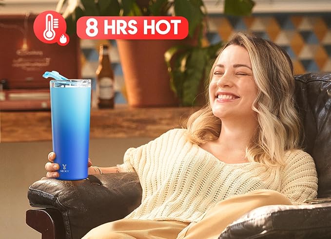 Meoky 24 oz Travel Coffee Mug with Leak-proof Lid, Stainless Steel Insulated Coffee Tumbler, Keeps Hot for 8 Hours or Cold for 24 Hours, Fits in Car Cup Holder (Sky)