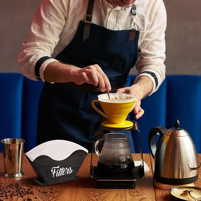 Juexica Farmhouse Cone Coffee Filter Holder Storage number 4 Rustic Wood Holder Organizer Counter Mount for Square Cone Shaped Flat Bottomed Paper(Black)