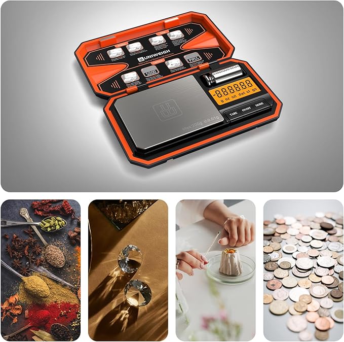 Digital Pocket Scale 200g/0.01g, Digital Scale Grams,6 Units Conversion Jewelry Scales,Coins Scale with LCD Display,Tare Function for Food,Powder,Small Items(Battery Included)-Orange