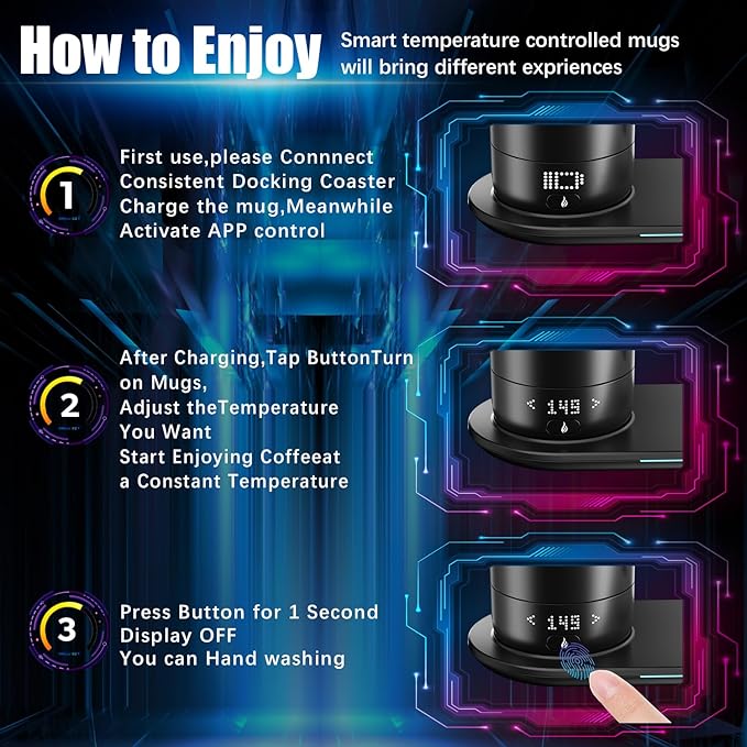 Smart Self Heating Coffee Mug 18 Oz Temperature Control Heated Coffee Mug App Controlled Warmer Mug 5-10 Hour LED Display Keep Coffee Hot All Day Fast Wireless Charger Base Dull Black