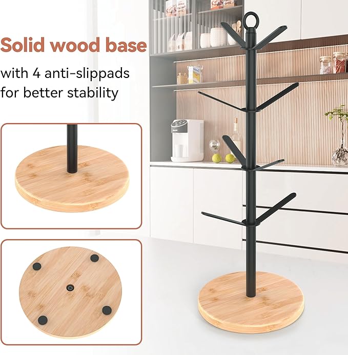 simesove Coffee Mug Holder, Non-Slip Cup Tree with 8 Hooks, Wood Stand Organizer for Counter, Bar and Kitchen Home Decor (Natural)
