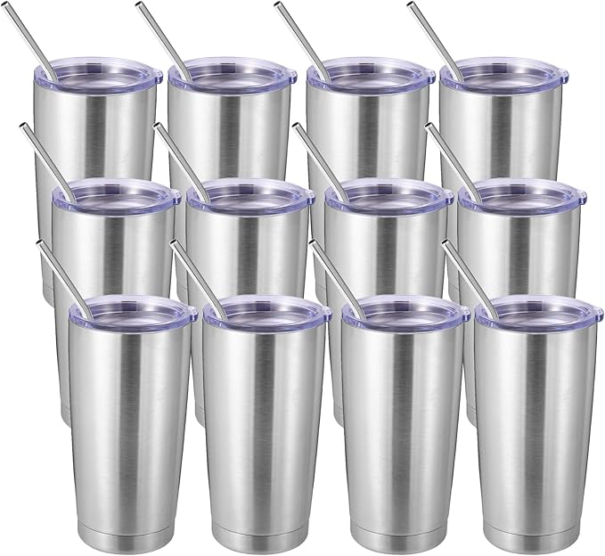 Volhoply 20oz Stainless Steel Tumbler with Lid and Straw Bulk 12 Pack,Double Wall Insulated Travel Iced Coffee Mug Fits Cup holder,Powder Coated Cups for Hot/Cold Drinks,Christmas Gifts（Silver,12 Set）