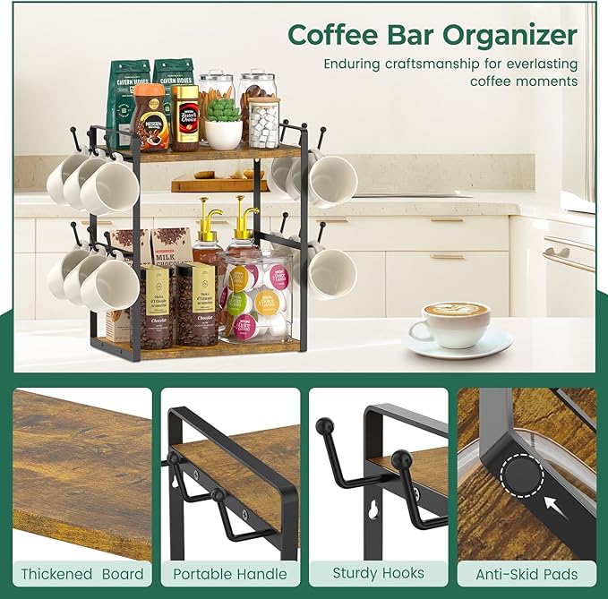EsLuker.ly Coffee Station Bar Organizer Mug Holder Stand Countertop, 2 Tier Mug Cup Tree Rack for Kitchen Office, Storage Shelf with 12 Hooks, Creat Stylish Coffee Corner