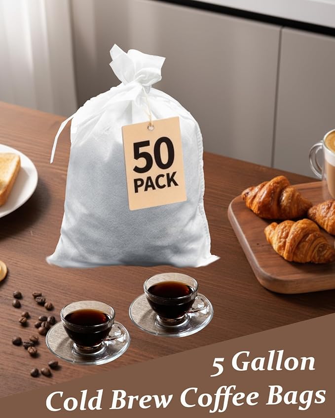 50 Pack 20" x 20" Cold Brew Coffee Filter Bags for Commercial and Home Use: Multi-Purpose Commercial Coffee Filters Compatible with 5-Gallon Systems to Brew Smooth Beverages and More