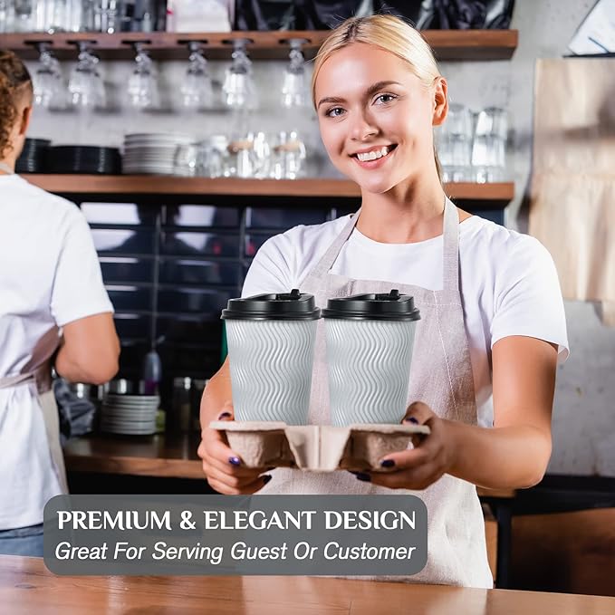 MUCHII 16 oz Disposable Coffee Cups, 80 Count Silver Grey Insulated Ripple To Go Cups With Lids and Straws for Tea, Hot Chocolate, and Drinks