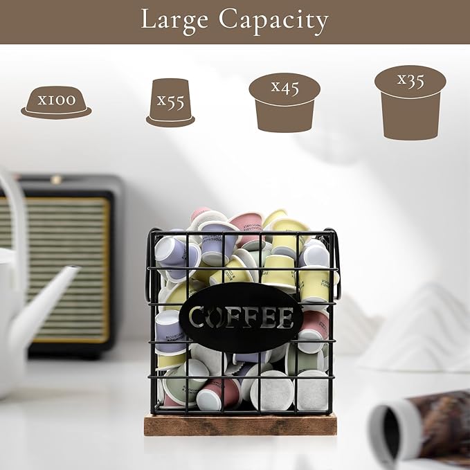 Coffee Pod Holder Organizer,Large Capacity K Cup Holder Organizer, Storage Basket for Kitchen Countertop Office Coffee Bar with Wooden Base(Rustic Brown-Square)