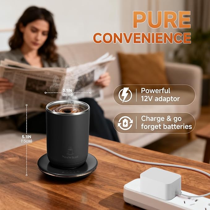 Self Stirring Coffee Mug with Temperature Control,Type-C Heated Magnetic Mixing Cup,3 Heat Levels,8-Hour Auto Shut-Off,USB Rechargeable Stainless Steel Smart Mug for Milk Protein Shakes Black 11oz