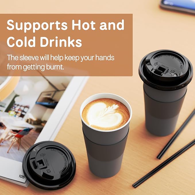 Lamosi 100 Pack 16 oz Disposable Coffee Cups with Lids and Sleeves, Grey Leak-Proof To Go Coffee Cups with Lids, Hot/Cold Beverage White Drinking Cup for Home, Office, Parties, Travel