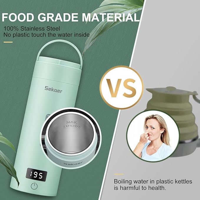 Sekaer Travel Electric Tea Kettle Portable Small Mini Coffee Kettle, with 4 Variable Presets, Personal Hot Water Boiler 304 Stainless Steel with Auto Shut-Off & Boil Dry Protection, SY-618G