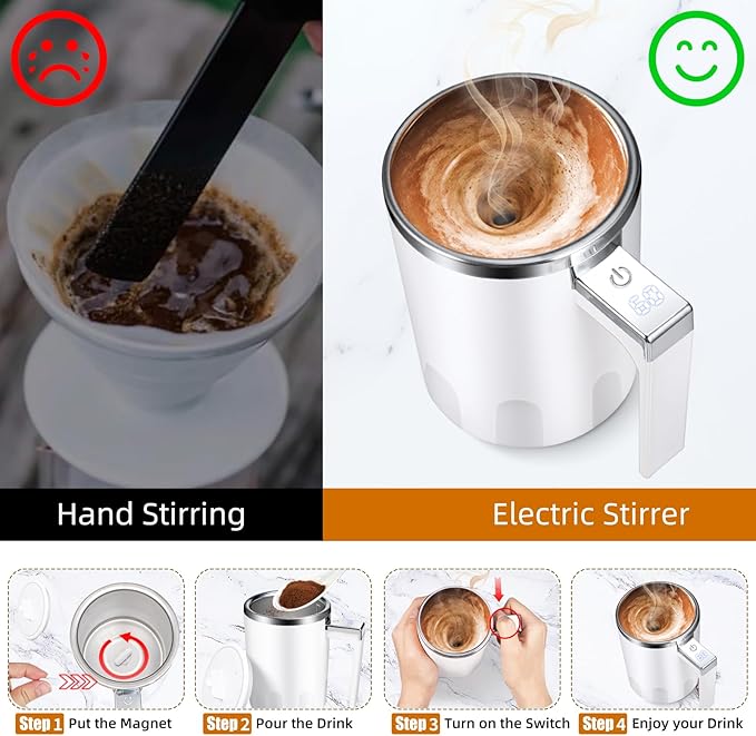 Self Stirring Coffee Mug: 2025 New Rechargeable Auto Magnetic Stirring Mixing Mug with Temperature Display,13oz Stainless Steel Travel Coffee Cup for Office, Home, Kitchen, Best Gift (White)
