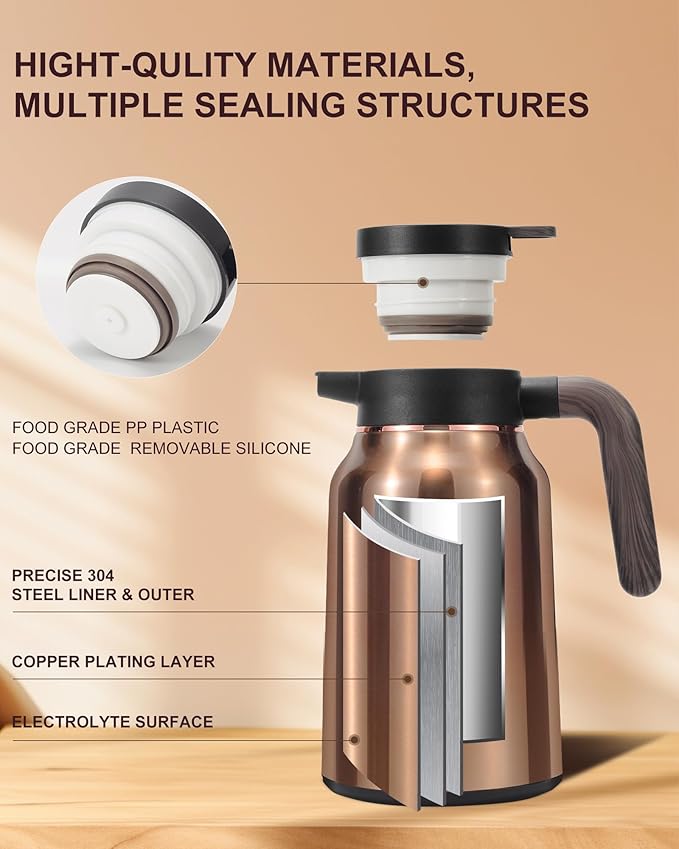 51 Oz Carafes for Hot Liquid, Stainless Steel Insulated Vacuum Thermal Coffee Carafes For Keeping Hot, 1.5 Liter Coffee Dispenser(Gold/Gold)