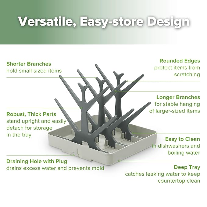 haakaa Portable Baby Bottle Drying Rack, Space Saving Bottle Drying Tree for Bottles/Pump Parts/Pacifiers and Other Baby Essentials, Easy-Store Dryer Rack Great for Home & Travel, BPA Free (Grey)