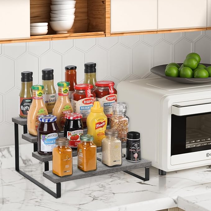 YINMIT Wooden Display Riser Stand, Tiered Perfume and Cologne Organizer Stand, 4 Tier Spice Rack Organizer, Rustic Display Shelf for Candles (4 Tier,Grey)