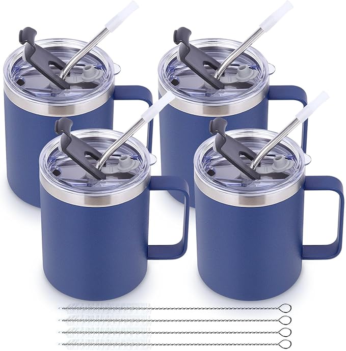 Volhoply 12oz Insulated Leakproof Coffee Mug with Flip & Straw Lid Bulk 4 Pack,Double Wall Vacuum Stainless Steel Travel Tumbler Cup with Handle,Camping Mugs Keep Cold/Hot(Navy,4 Set)