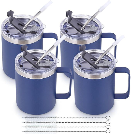 Volhoply 12oz Insulated Leakproof Coffee Mug with Flip & Straw Lid Bulk 4 Pack,Double Wall Vacuum Stainless Steel Travel Tumbler Cup with Handle,Camping Mugs Keep Cold/Hot(Navy,4 Set)
