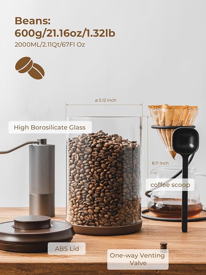 2 Pack Large Airtight Coffee Canisters with CO2 Valve - 2000ml Borosilicate Glass Storage Containers for Coffee Beans & Ground Coffee