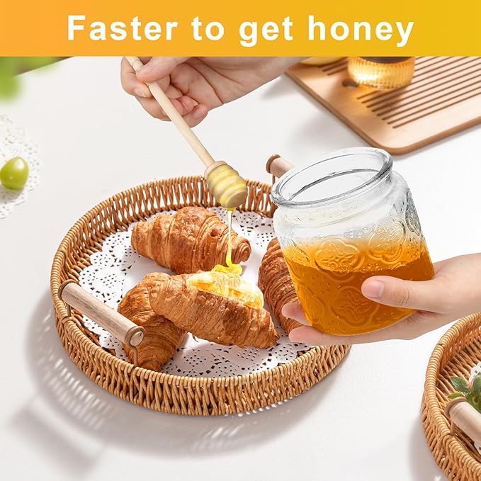 17oz Honey Jar with 3 Wooden Dippers,Pot Container Dispenser,Clear Glass Honey Container for Home Kitchen,Store Honey and Syrup,Easy to Clean