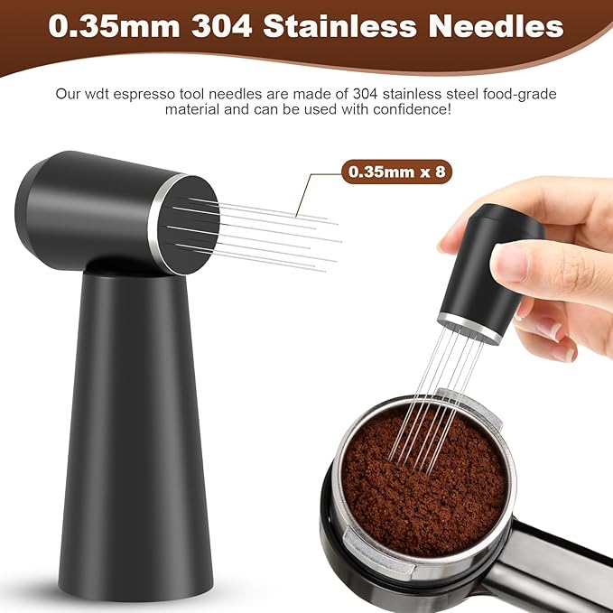 WDT Espresso Distribution Tool, 0.35mm 8 Needle Coffee Stirrer with 8 Extra Needles, 304 Stainless Steel, Aluminum Alloy Handle with Stand, Barista Espresso Whisk Tool (Metal Black)
